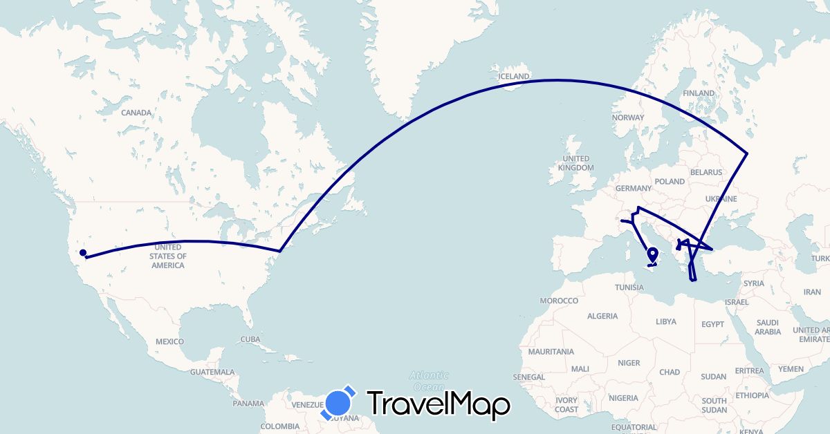 TravelMap itinerary: driving in Austria, Bulgaria, Germany, Greece, Italy, Macedonia, Russia, Turkey, United States (Asia, Europe, North America)